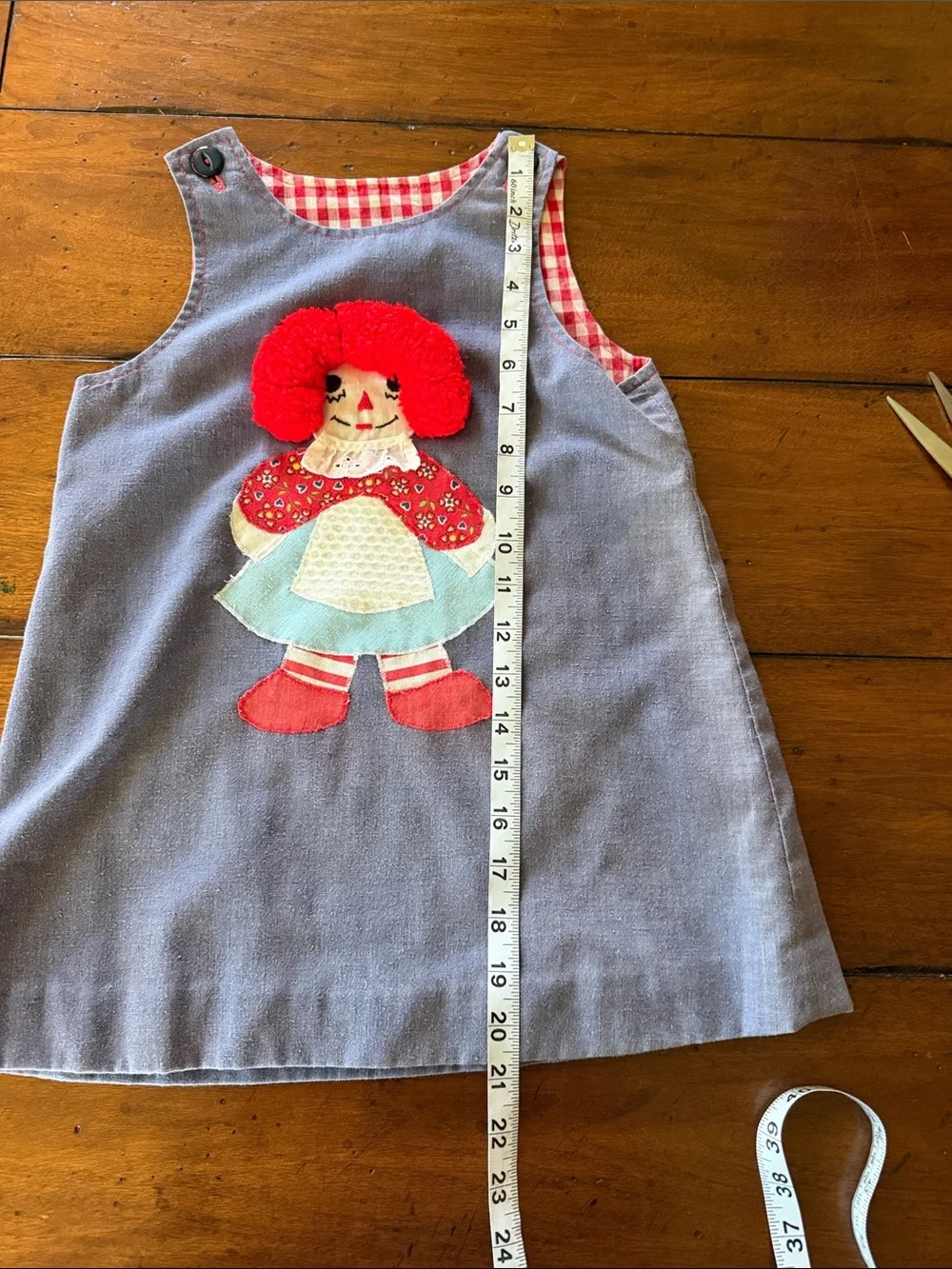 Vintage Handmade Girls Dress Red Gingham Rag Doll Toddler Pinafore